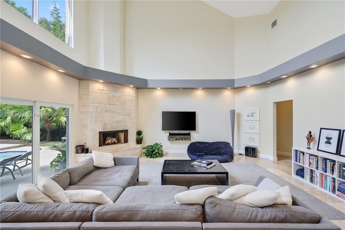 Fireplace, Interior, Living room, Recessed Lighting, Stone Walls