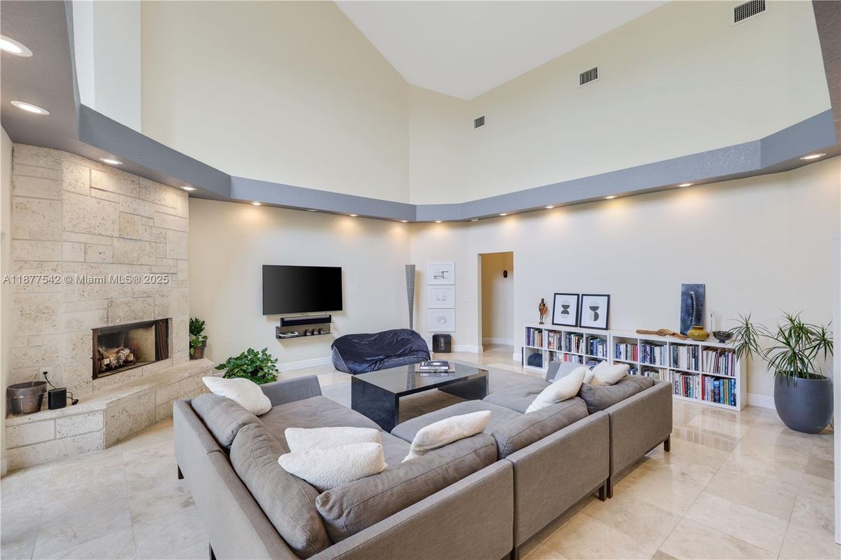 Fireplace, Interior, Living room, Recessed Lighting, Stone Walls