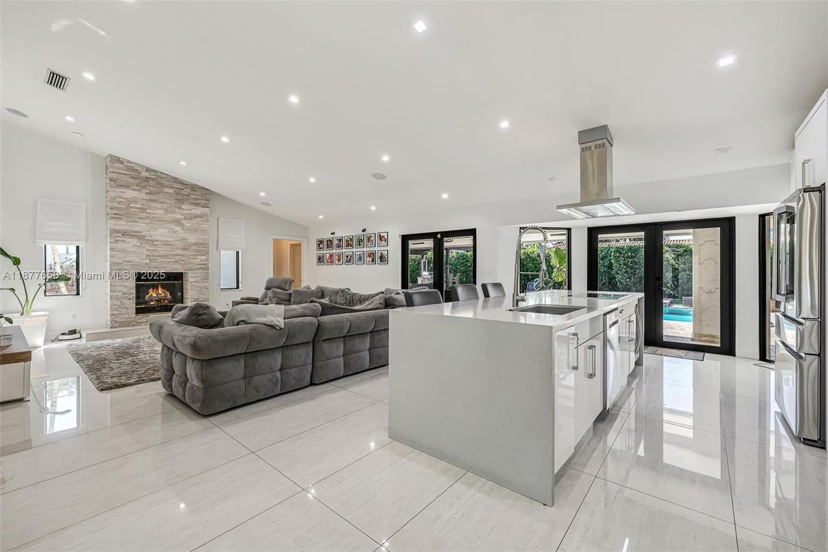 Dining room, Fireplace, Interior, Kitchen, Living room, Recessed Lighting, Stone Walls