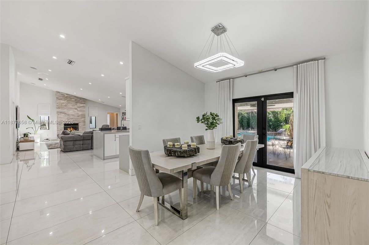 Dining room, Fireplace, Interior, Kitchen, Living room, Pendant Lights, Recessed Lighting