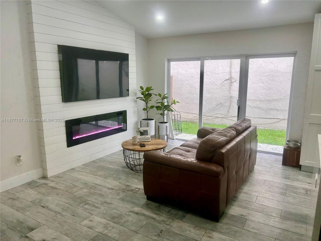 Fireplace, Interior, Recessed Lighting, Wood Texture Flooring