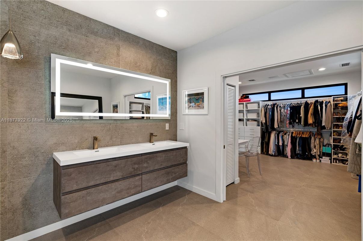 Bathroom, Dual Sink Vanities, Interior, Recessed Lighting, Walk-in Closets