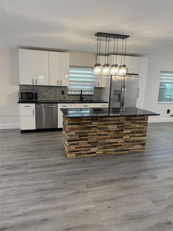 Interior, Kitchen, Pendant Lights, Stainless Steel Appliances, Wood Texture Flooring