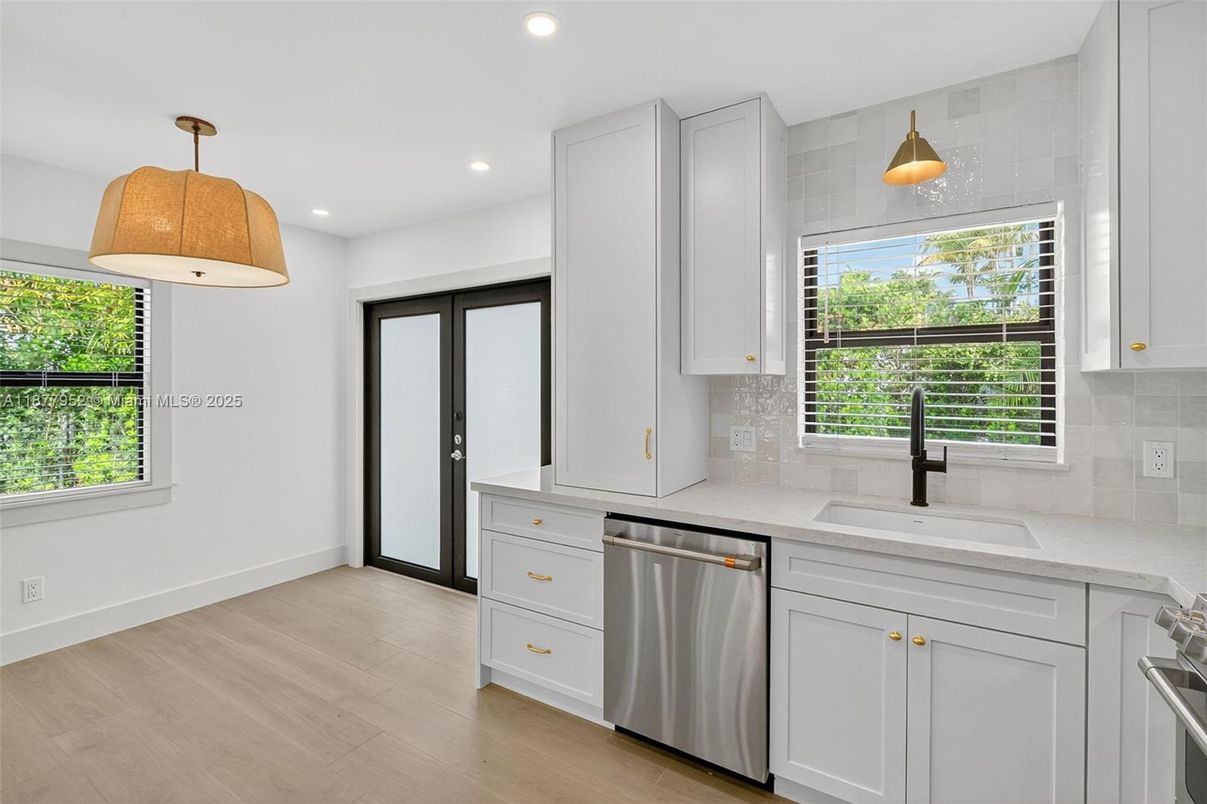 Interior, Kitchen, Pendant Lights, Recessed Lighting, Stainless Steel Appliances, Wood Texture Flooring
