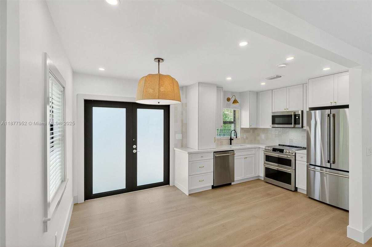 Interior, Kitchen, Recessed Lighting, Stainless Steel Appliances, Wood Texture Flooring