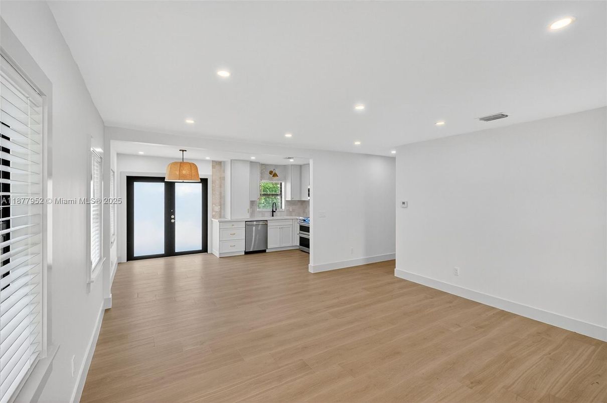 Empty room, Interior, Kitchen, Pendant Lights, Recessed Lighting, Wood Texture Flooring