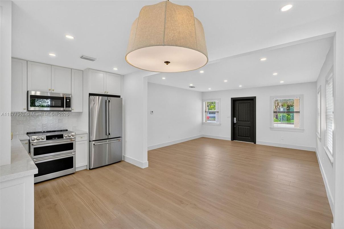 Interior, Kitchen, Recessed Lighting, Stainless Steel Appliances, Wood Texture Flooring