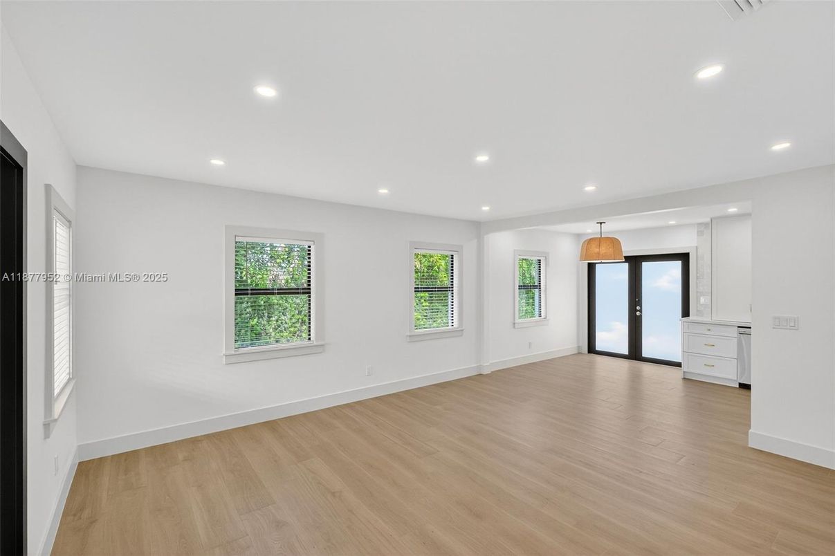 Empty room, Interior, Pendant Lights, Recessed Lighting, Wood Texture Flooring