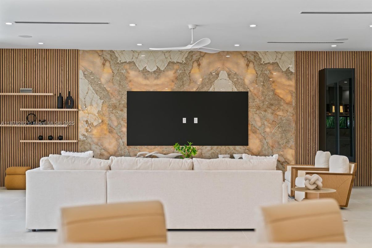 Interior, Living room, Recessed Lighting, Stone Walls