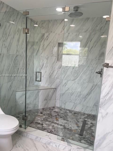 Bathroom, Glass Shower, Interior, Marble, Marble Walls, Recessed Lighting