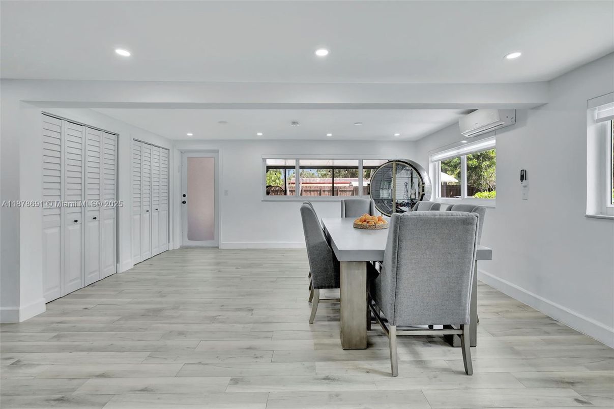 Dining room, Interior, Recessed Lighting, Wood Texture Flooring