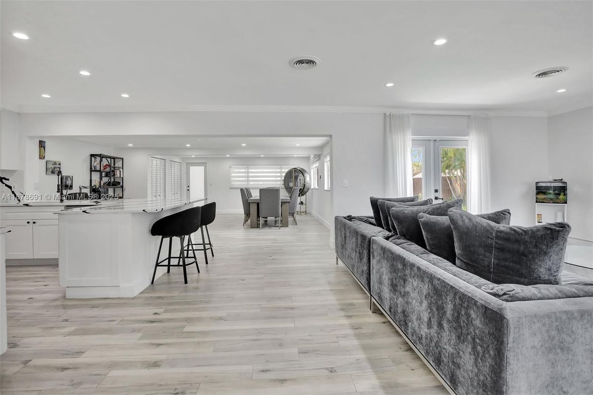 Interior, Kitchen, Living room, Recessed Lighting, Wood Texture Flooring