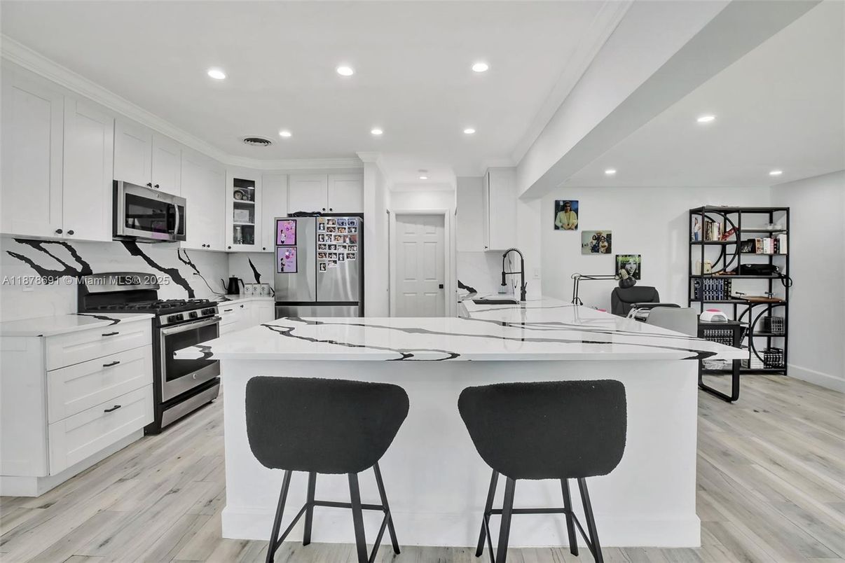 Interior, Kitchen, Recessed Lighting, Stainless Steel Appliances, Wood Texture Flooring