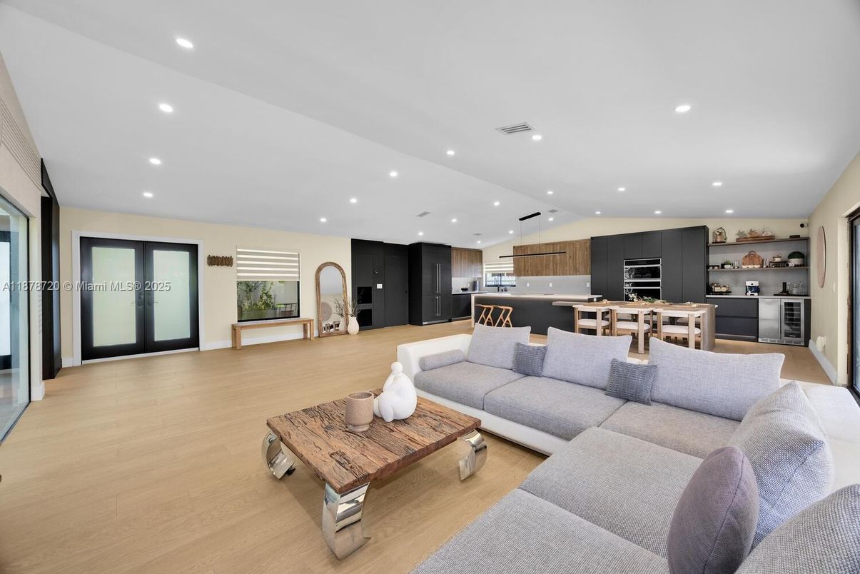 Dining room, Interior, Kitchen, Living room, Recessed Lighting, Stainless Steel Appliances, Wood Texture Flooring