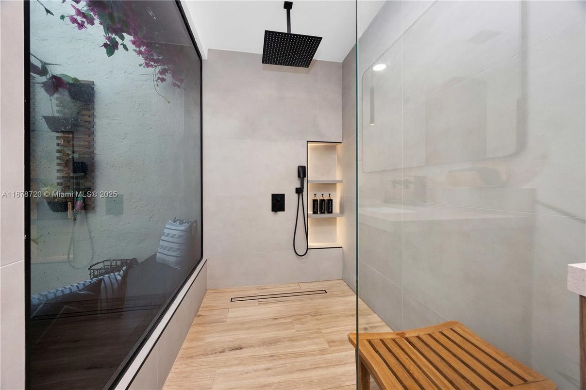 Bathroom, Glass Shower, Interior, Wood Texture Flooring
