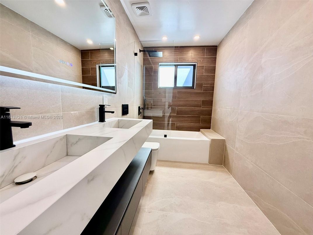 Bathroom, Dual Sink Vanities, Interior, Recessed Lighting, Wooden Walls