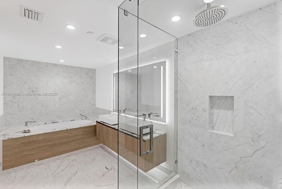 Bathroom, Glass Shower, Interior, Marble, Marble Walls, Recessed Lighting