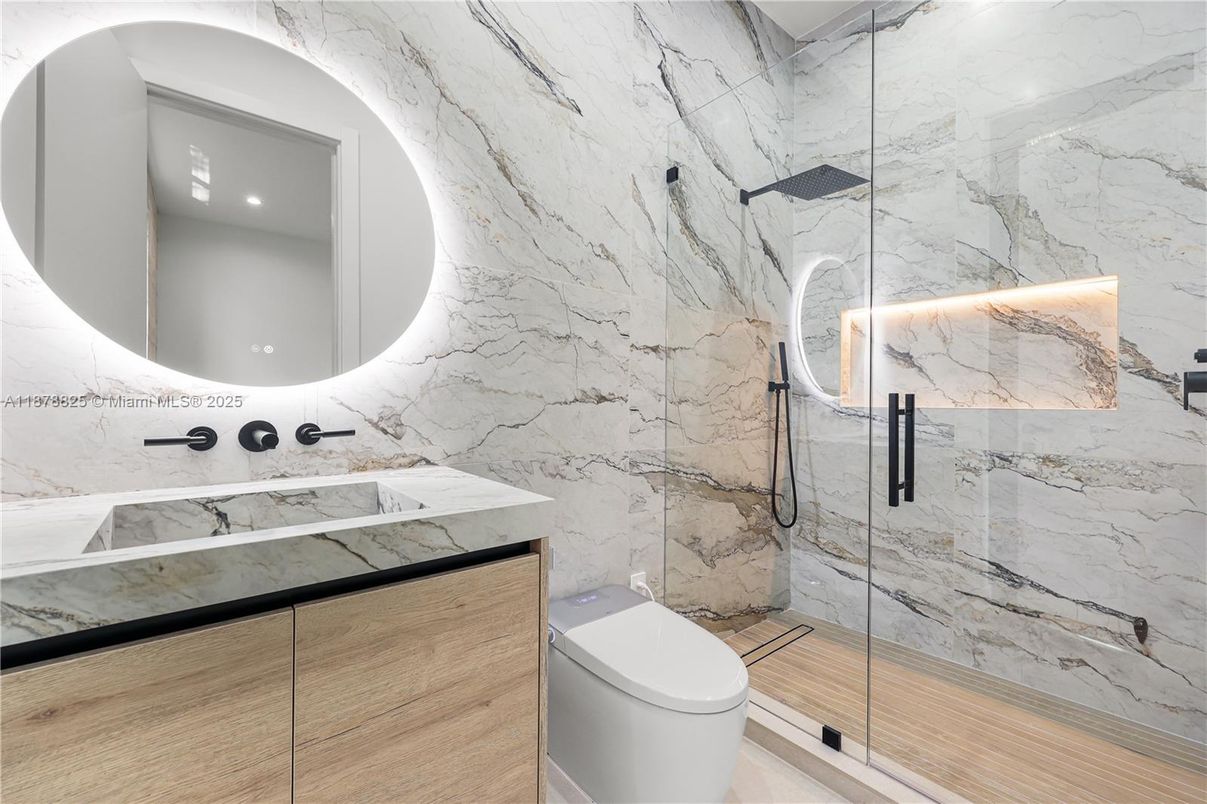 Bathroom, Glass Shower, Interior, Marble Walls, Recessed Lighting