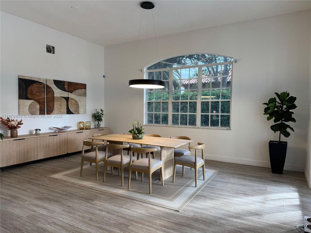Dining room, Interior, Pendant Lights, Wood Texture Flooring
