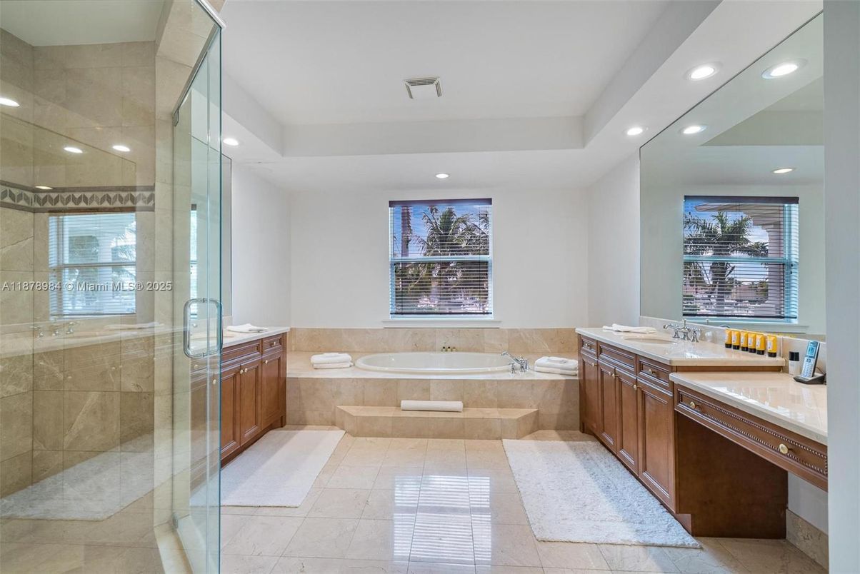 Bathroom, Dual Sink Vanities, Glass Shower, Interior, Recessed Lighting