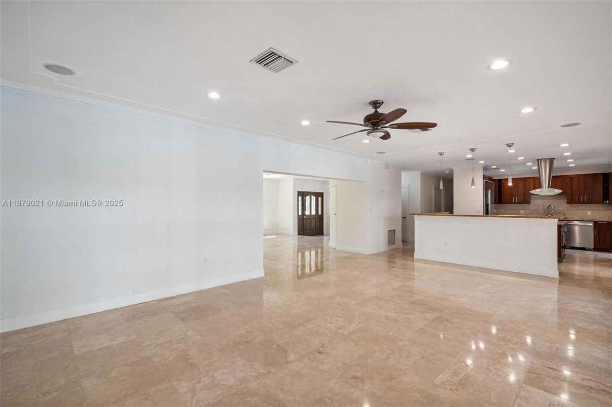 Empty room, Interior, Kitchen, Pendant Lights, Recessed Lighting, Stainless Steel Appliances