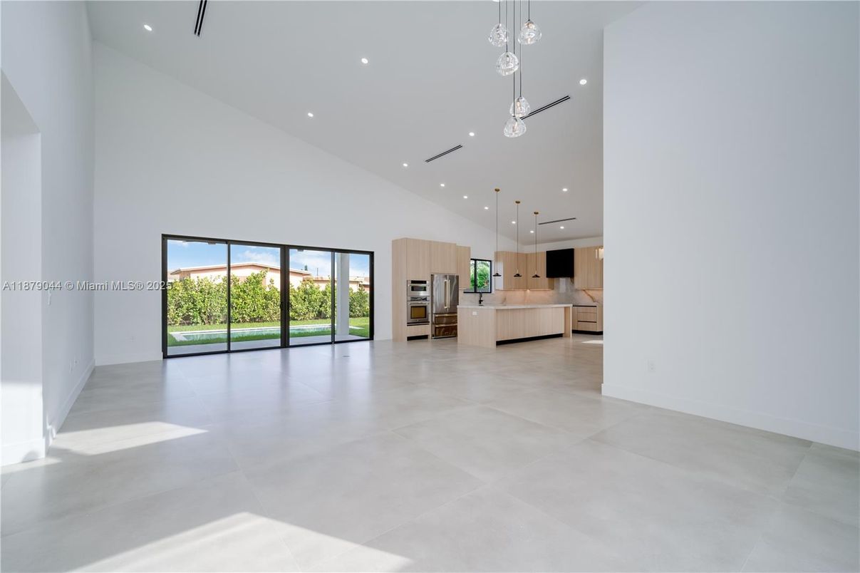 Empty room, Interior, Kitchen, Pendant Lights, Recessed Lighting, Stainless Steel Appliances