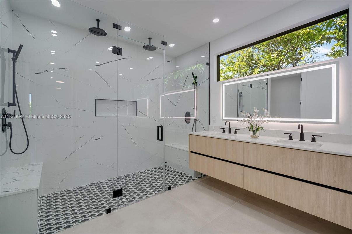 Bathroom, Dual Sink Vanities, Glass Shower, Interior, Marble Walls, Recessed Lighting