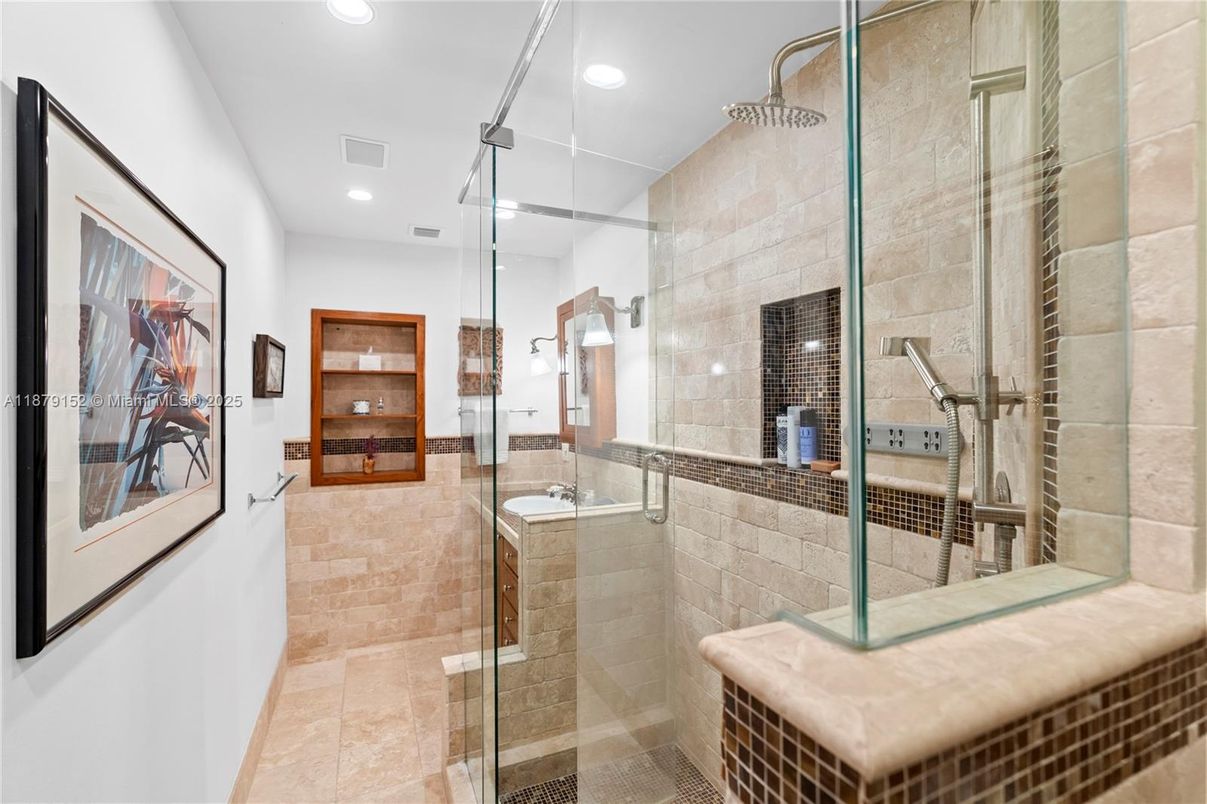 Bathroom, Glass Shower, Interior, Recessed Lighting, Stone Walls