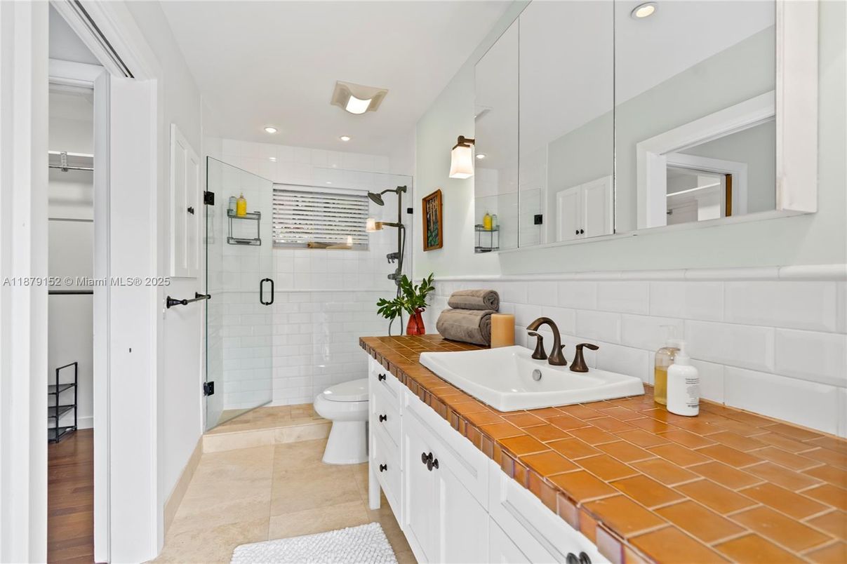 Bathroom, Glass Shower, Interior, Recessed Lighting, Tile Countertops