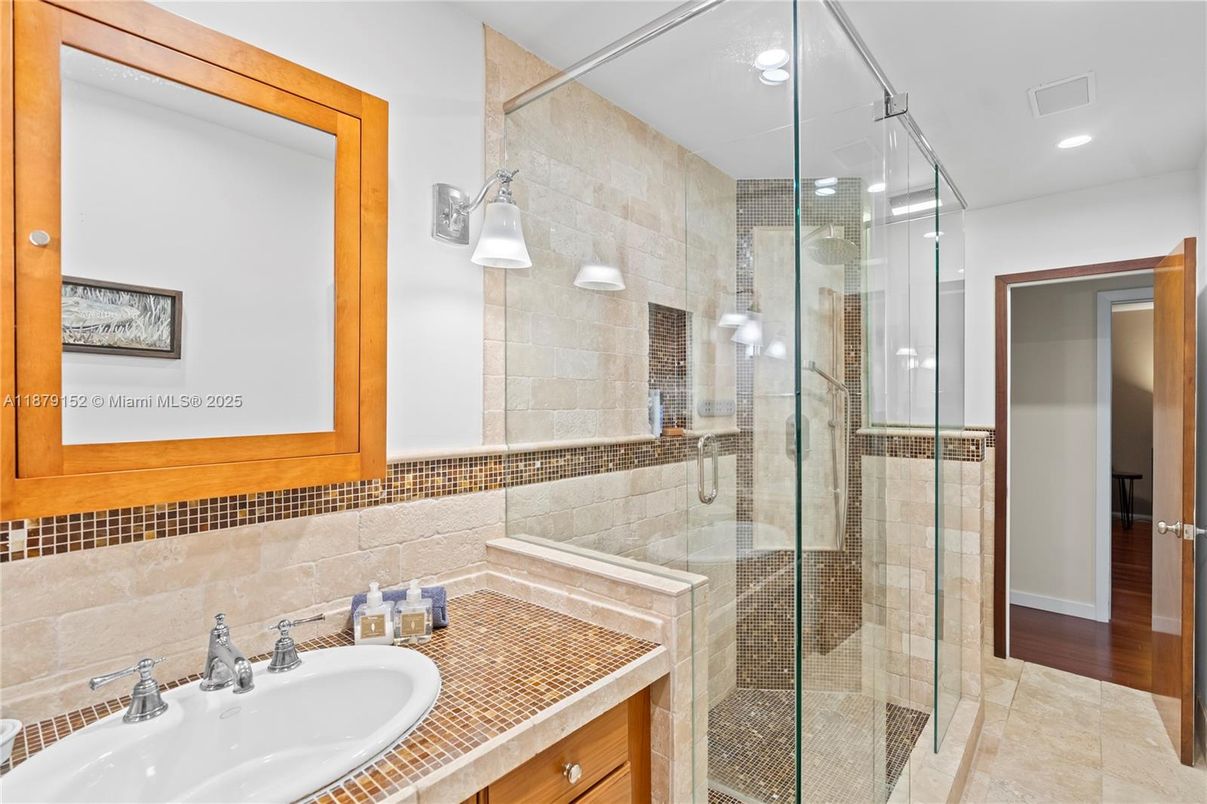 Bathroom, Glass Shower, Interior, Recessed Lighting, Tile Countertops, Wood Texture Flooring