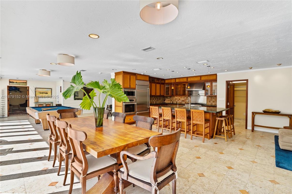 Billiard Table, Dining room, Interior, Kitchen, Pendant Lights, Recessed Lighting, Stainless Steel Appliances