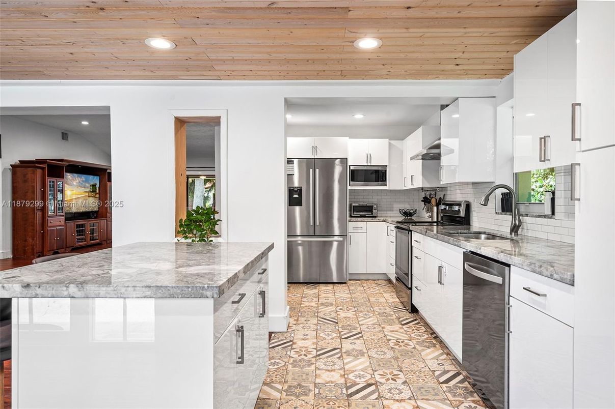 Interior, Kitchen, Recessed Lighting, Stainless Steel Appliances, Wooden Ceilings