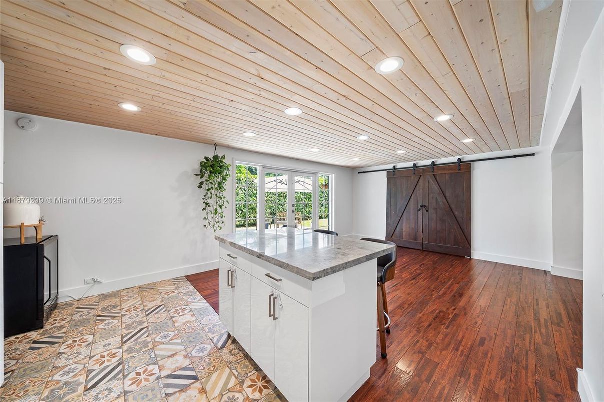 Interior, Kitchen, Recessed Lighting, Wooden Ceilings, Wood Texture Flooring