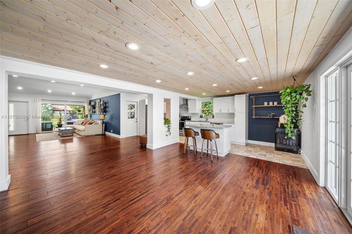 Fireplace, Interior, Kitchen, Living room, Recessed Lighting, Wood Texture Flooring