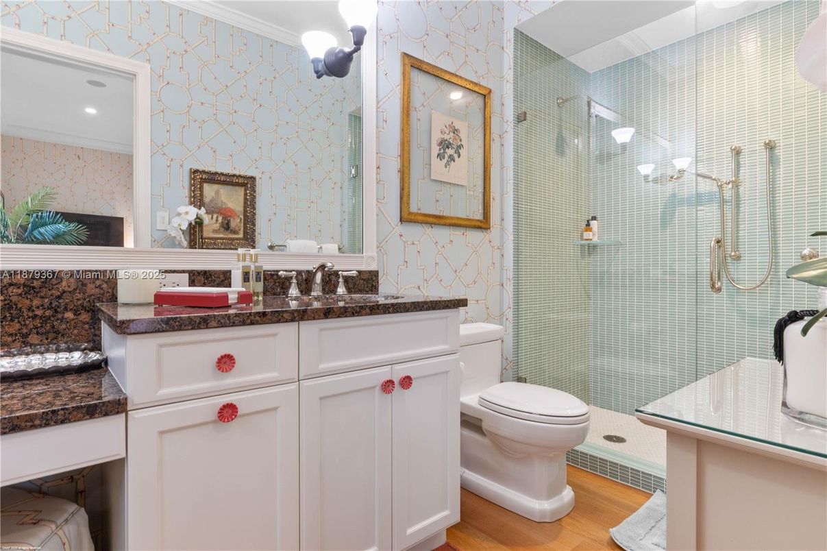 Bathroom, Glass Shower, Interior, Recessed Lighting, Wood Texture Flooring