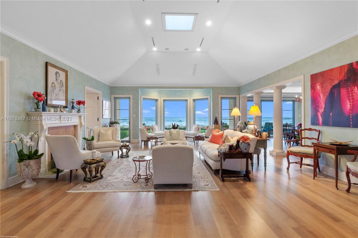 Fireplace, Interior, Living room, Recessed Lighting, Water, Wood Texture Flooring
