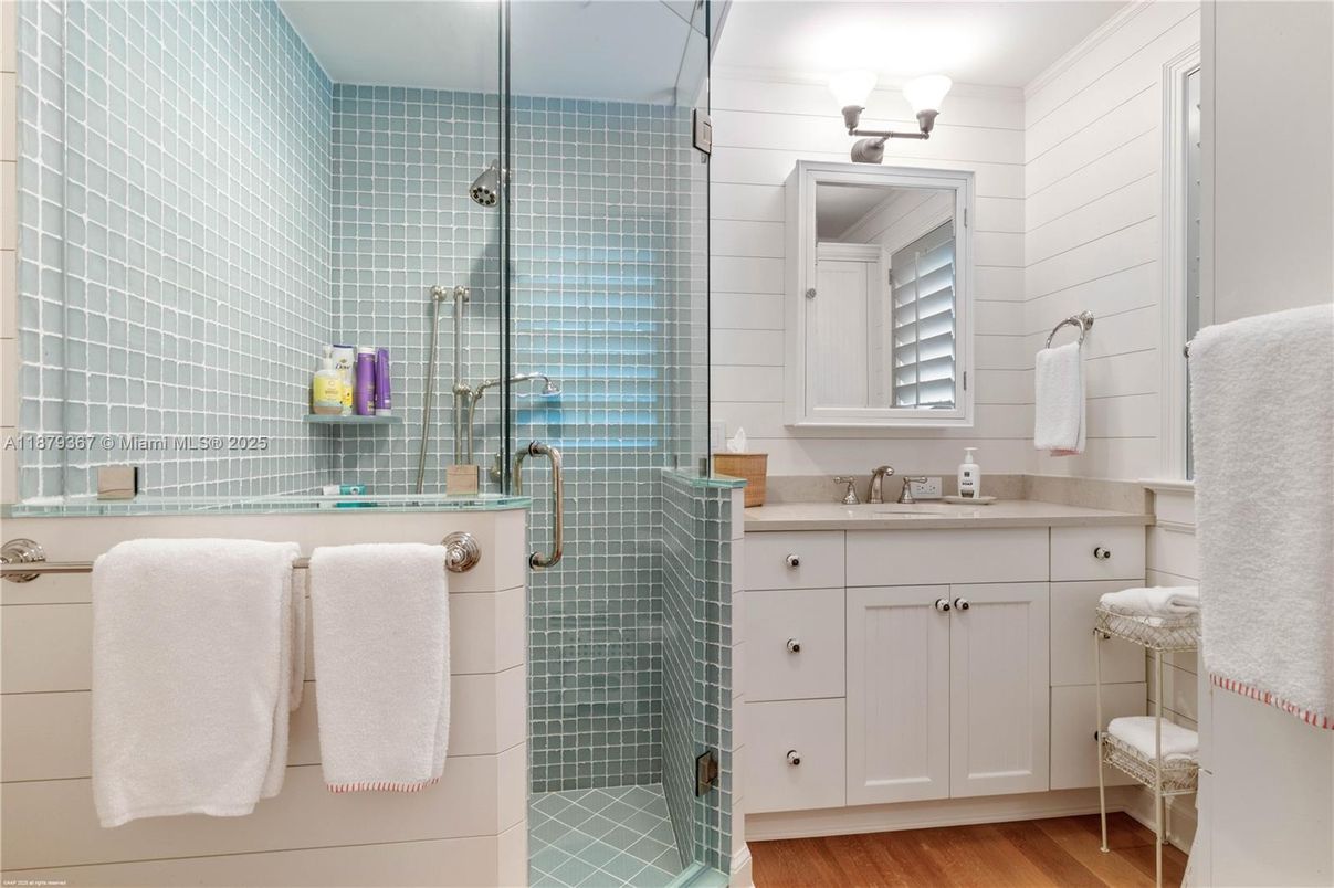 Bathroom, Glass Shower, Interior, Wood Texture Flooring