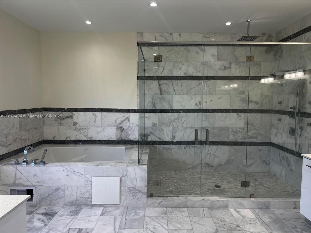 Bathroom, Glass Shower, Interior, Marble, Marble Walls, Recessed Lighting