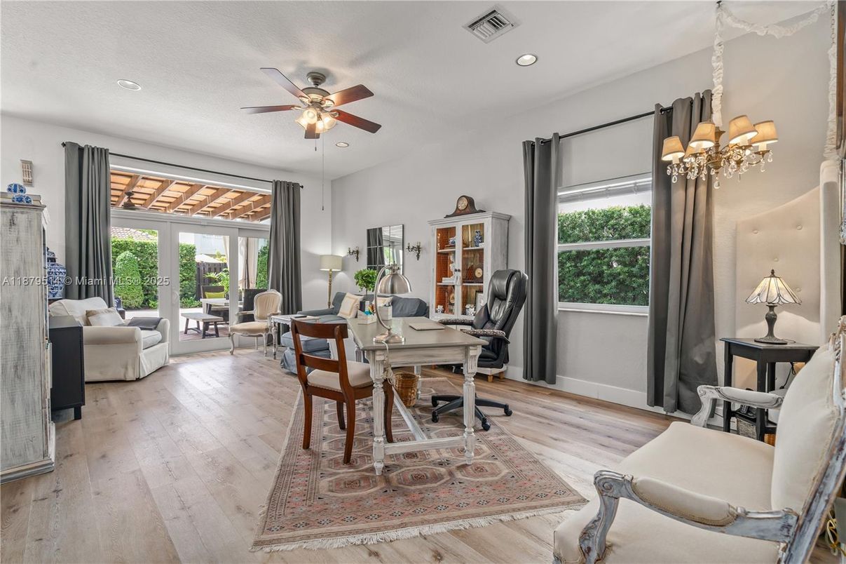 Chandelier, Home Office, Interior, Living room, Recessed Lighting, Wood Texture Flooring