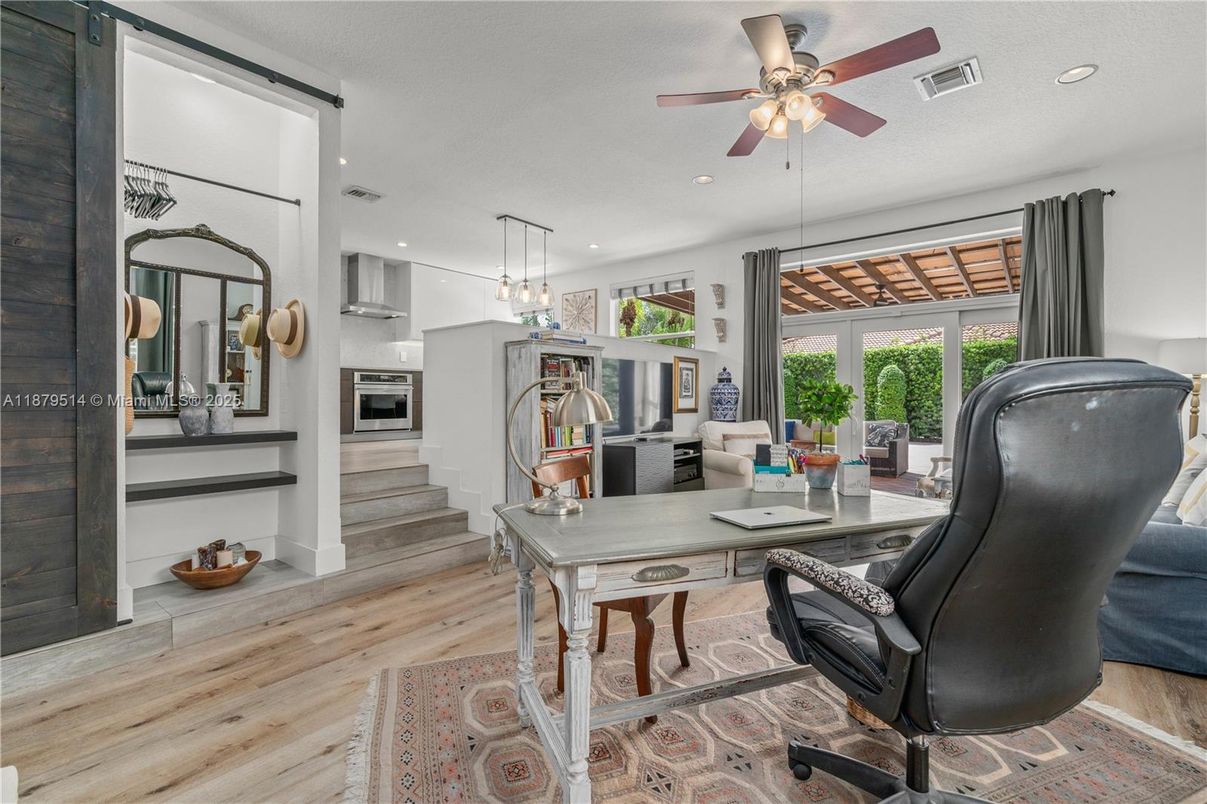 Home Office, Interior, Kitchen, Pendant Lights, Recessed Lighting, Stainless Steel Appliances, Wood Texture Flooring