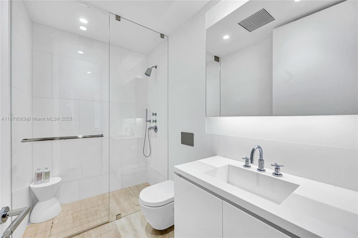 Bathroom, Glass Shower, Interior, Recessed Lighting, Wood Texture Flooring