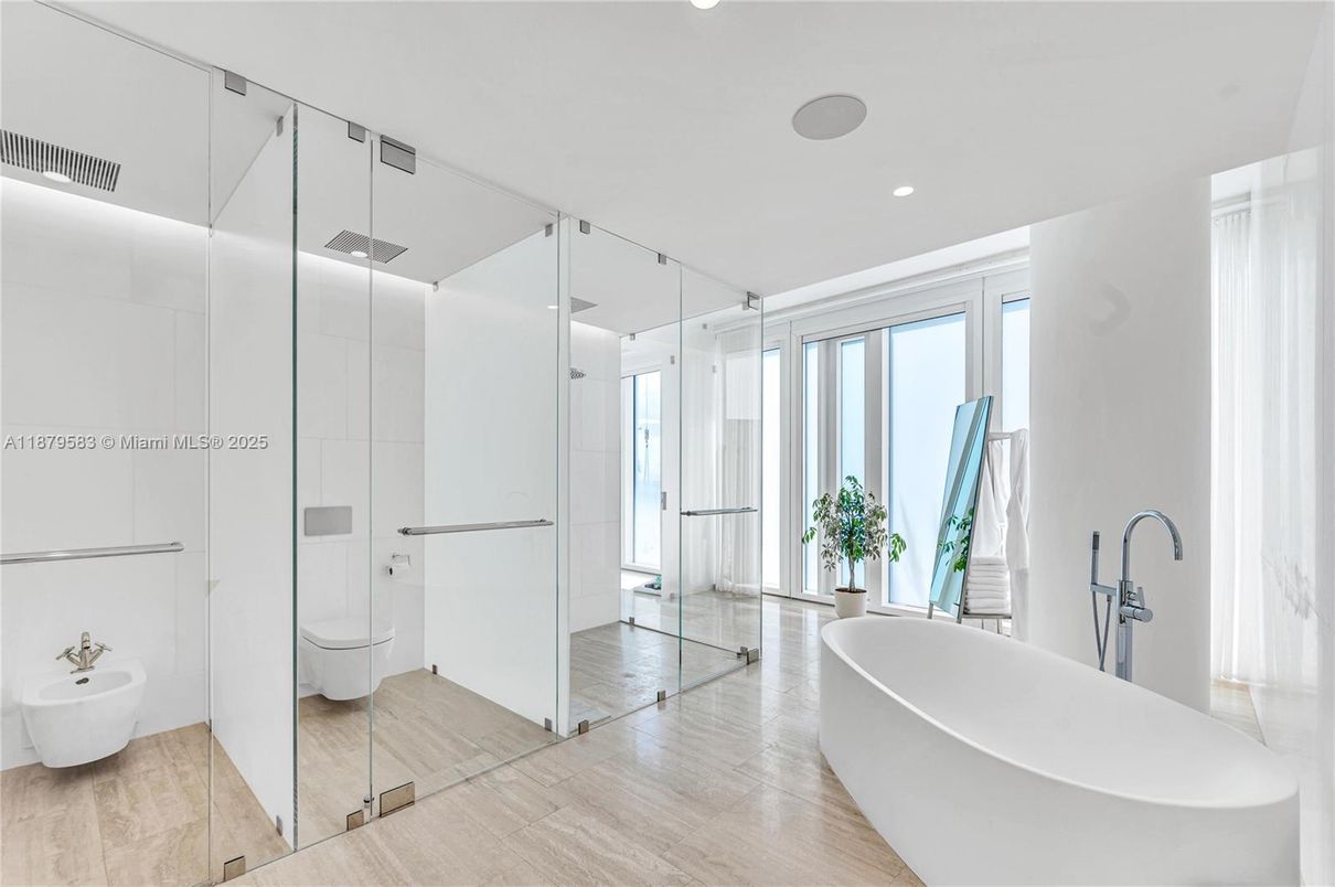 Bathroom, Free Standing Baths, Glass Shower, Interior, Recessed Lighting, Wood Texture Flooring