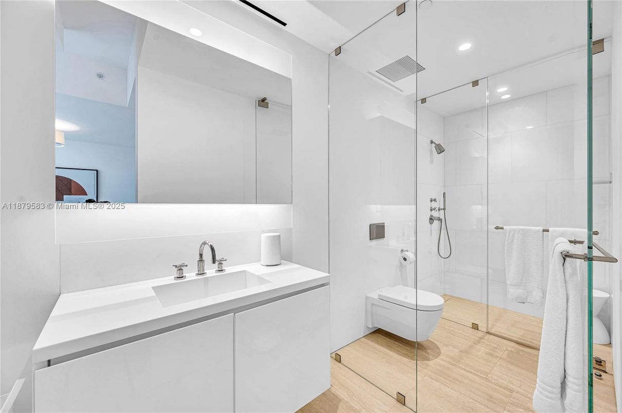 Bathroom, Glass Shower, Interior, Recessed Lighting, Wood Texture Flooring