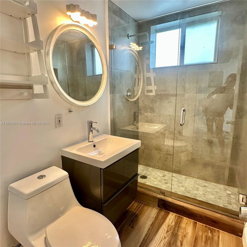 Bathroom, Glass Shower, Interior, Wood Texture Flooring