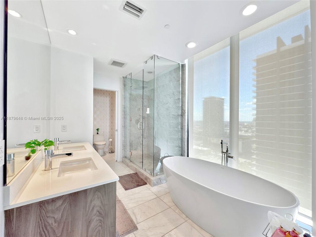 Bathroom, Free Standing Baths, Glass Shower, Interior, Marble, Recessed Lighting
