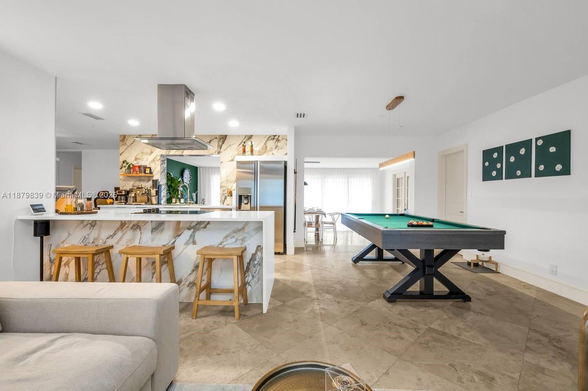 Billiard Table, Game Room, Interior, Marble Walls, Recessed Lighting