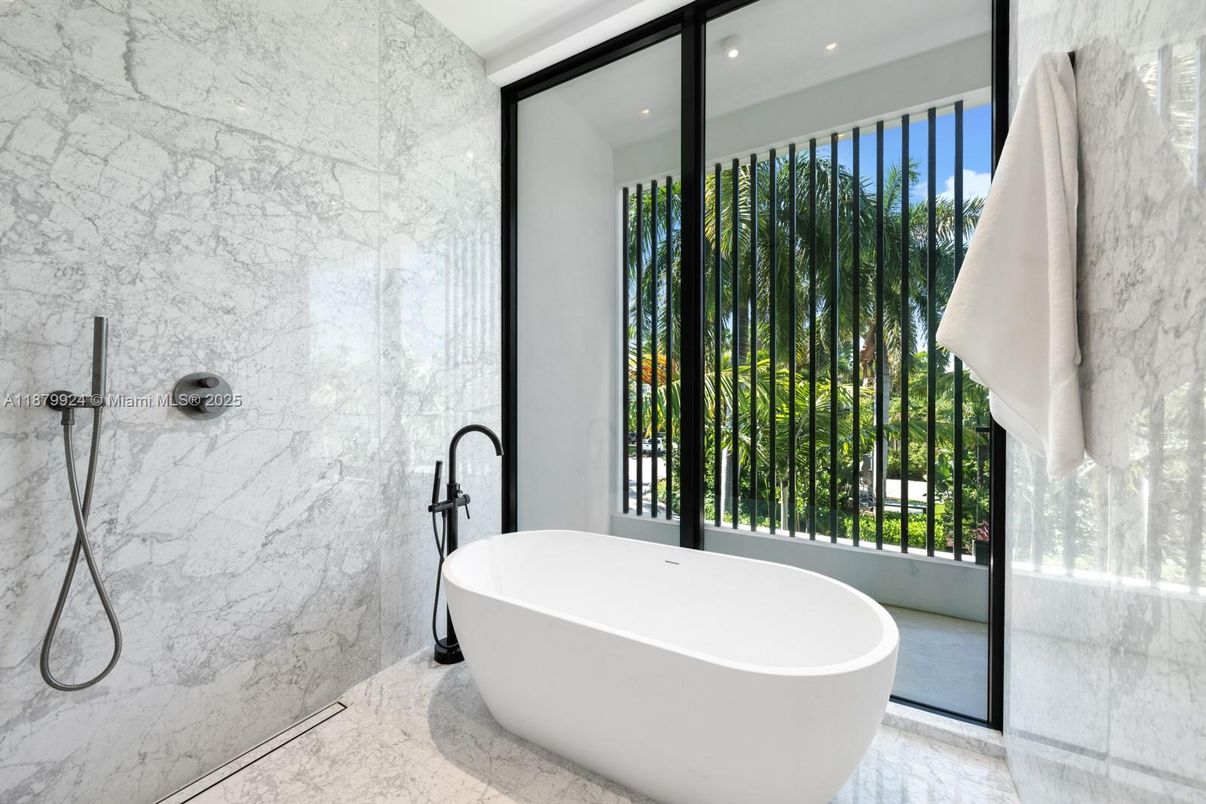 Bathroom, Free Standing Baths, Interior, Marble Walls, Recessed Lighting