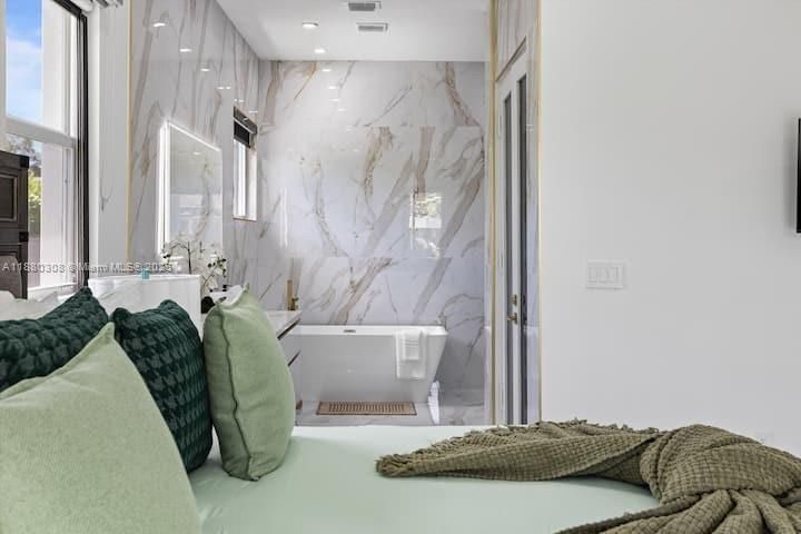 Bathroom, Glass Shower, Interior, Marble Walls, Recessed Lighting