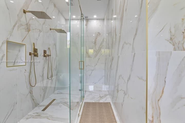Bathroom, Glass Shower, Interior, Marble, Marble Walls, Recessed Lighting