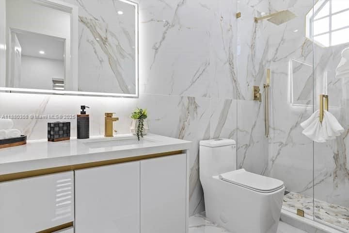 Bathroom, Glass Shower, Interior, Marble, Marble Walls, Recessed Lighting